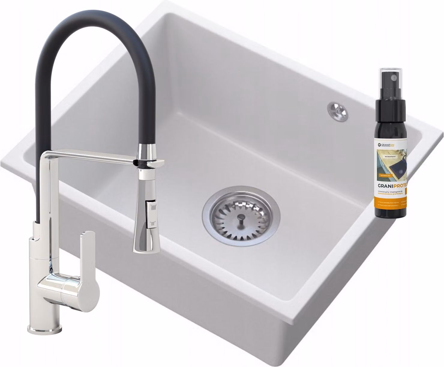 Granitan - Lavello in granito - Lavandino 46x37,5 cm - Bianco crema - con miscelatore VEGAS - MANADO