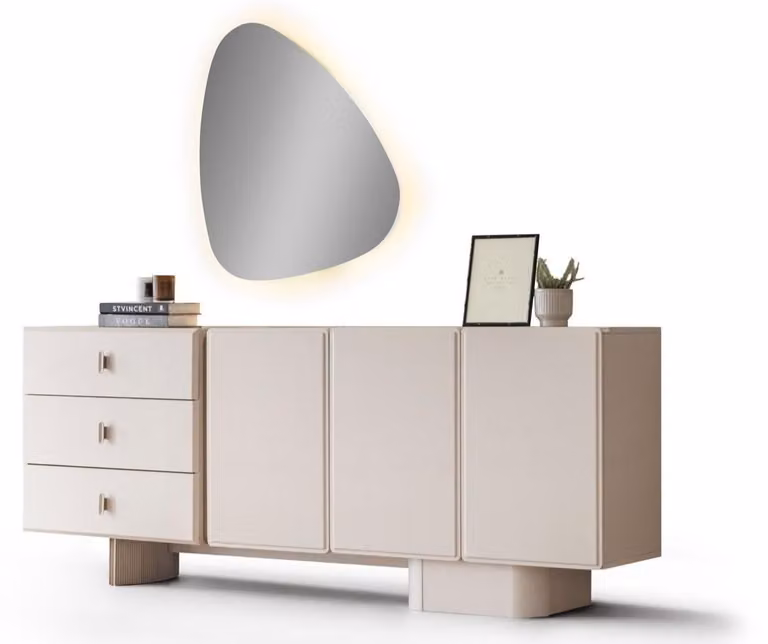 Mobile bar beige moderno con specchio e illuminazione a LED, ideale come credenza o comò