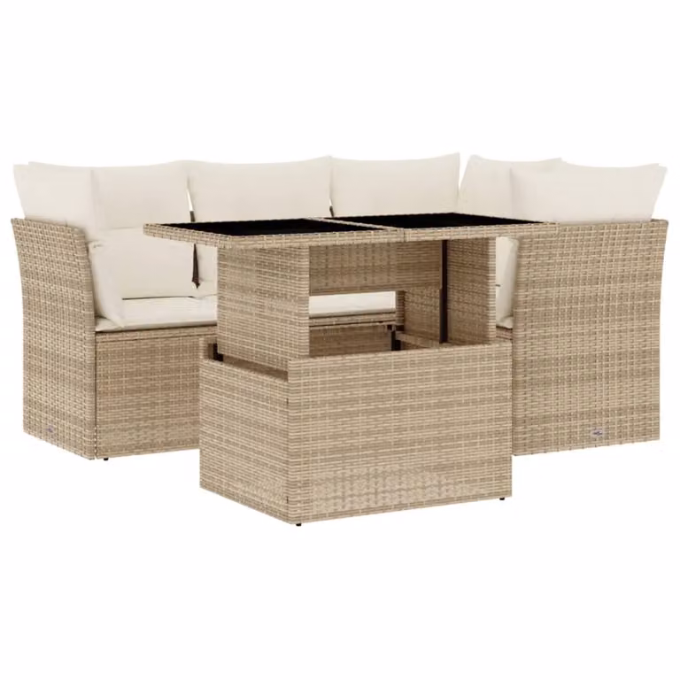 Set Divano da Giardino 5 pz con Cuscini Beige in Polyrattan