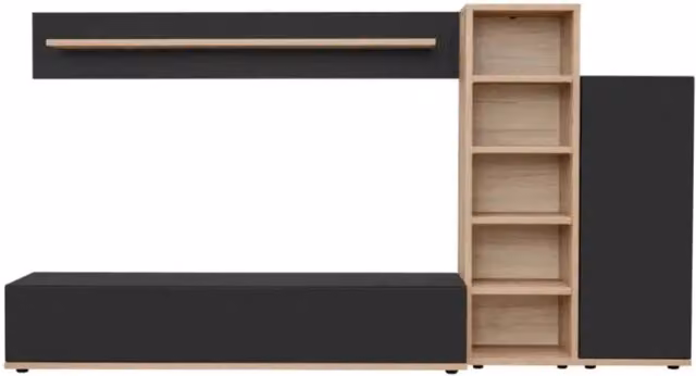 Composizione murale RHYS – Mobile TV, colonne e scaffali – Rovere Ribbeck e nero opaco