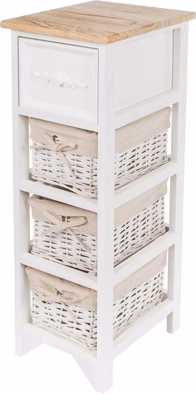 Comò vintage in legno bianco con 2 cestini in rattan - 62 x 32 cm - Scaffale con cassetto in stile country