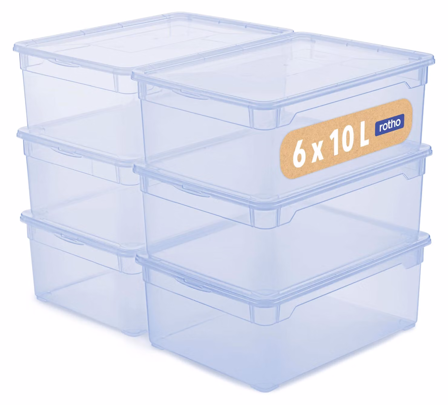 Scatole di stoccaggio con coperchio, set da 6, capacità 10 litri, trasparenti, colore blu
