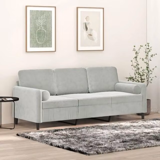 Divano a 3 posti moderno vidaXL in velluto grigio con cuscini e coperture rimovibili L: 198 cm, P: 80 cm, H: 77 cm