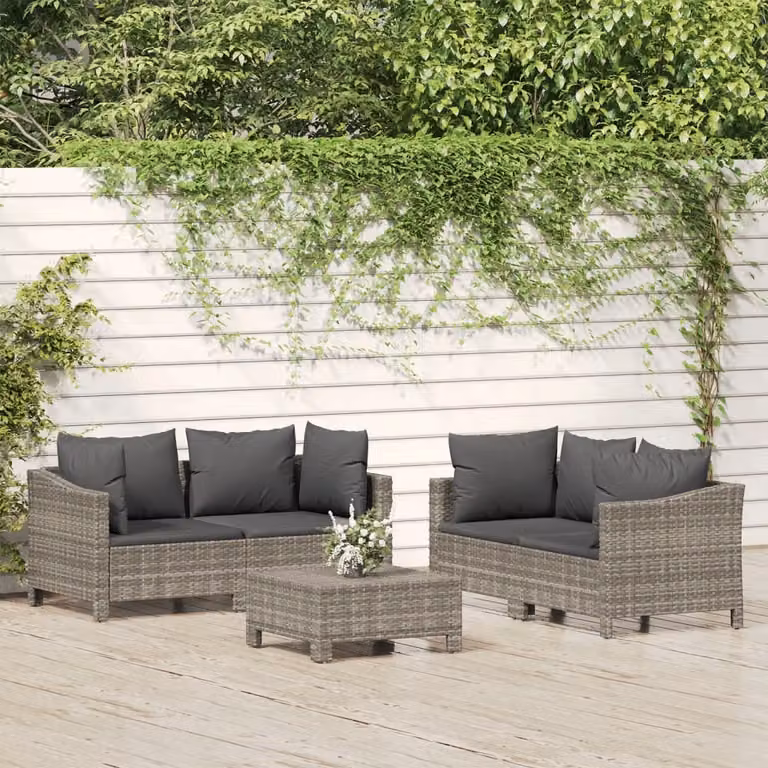 The Living Store Set da giardino 5 pezzi con cuscini in poly rattan grigio