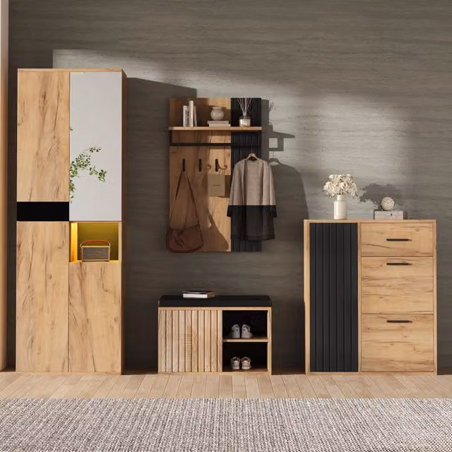 Set ingresso consolle con appendiabiti scarpiera panca ¨C Minimal ¨C rovere multistrato nero 215x36x190cm