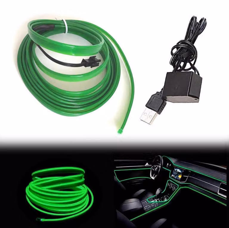 EL-Wire verde, 5 metri. Tubo al neon flessibile a corrente continua (DC) da 5V, ideale per illuminazione interna di auto e decorazioni