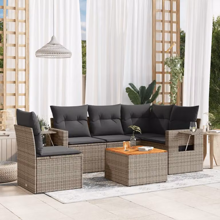 vidaXL Set Divano da Giardino a L in Polyrattan Grigio con 6 Cuscini Imbottiti e Tavolino