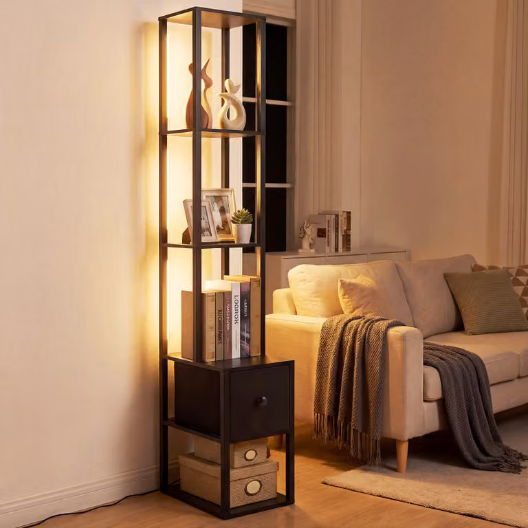 Costway Lampada da terra moderna con ripiani e cassetto, design angolare in legno e metallo nero, luminosità regolabile, ideale per soggiorno e camera da letto