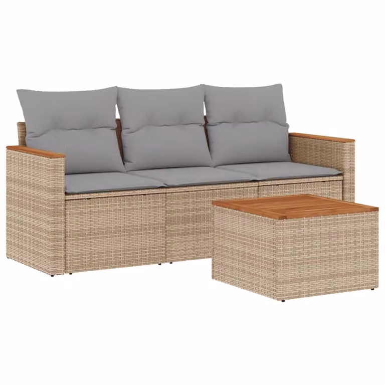 Set Divano da Giardino 4 pz con Cuscini Beige in Polyrattan