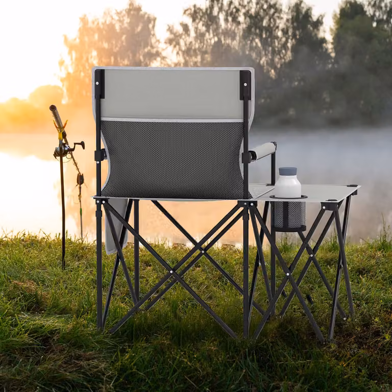 Sedia da picnic pieghevole Costway con braccioli imbottiti, tasche laterali e tavolino, Grigio