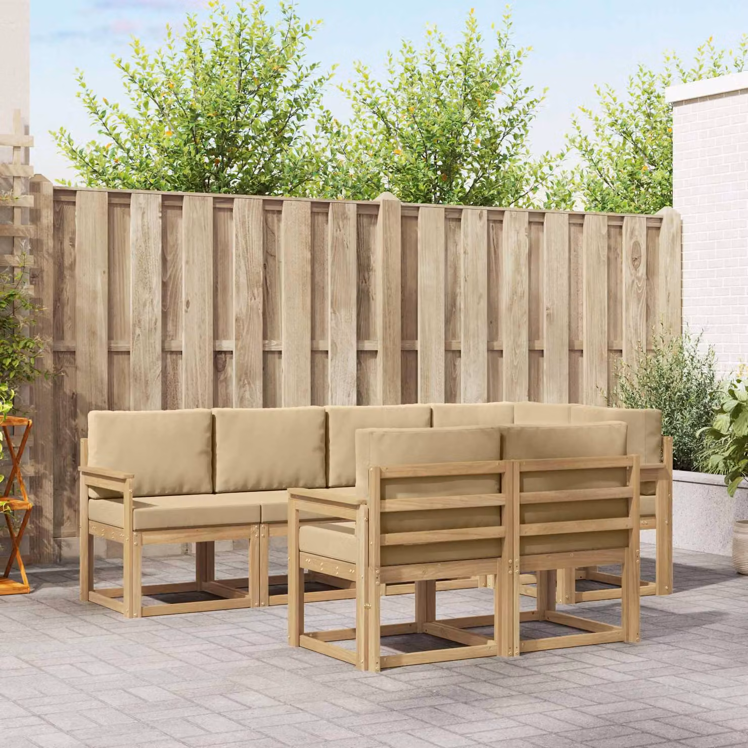 Set di divani da esterno vidaXL 7 pz a forma di L in legno di acacia con cuscini Bianco e Beige