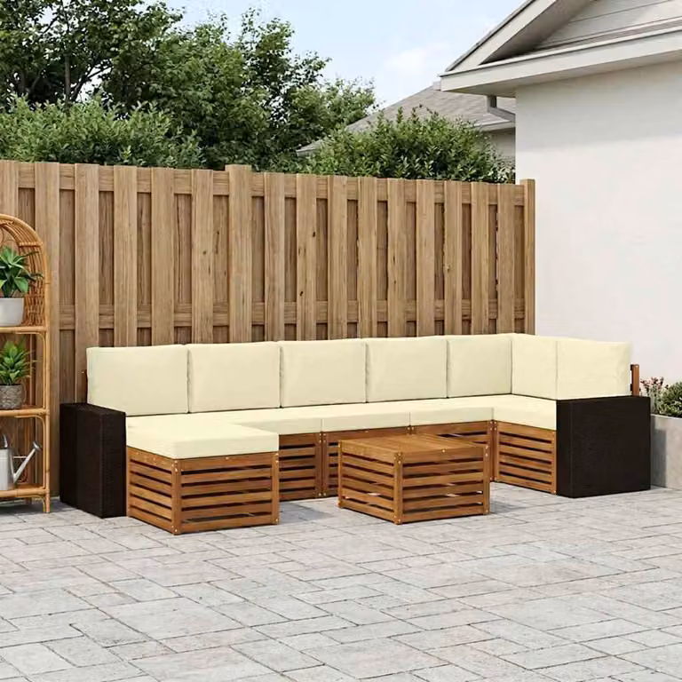 Set di divani da esterno vidaXL a forma di L composto da 8 pezzi in legno di acacia con cuscini in tessuto beige e crema