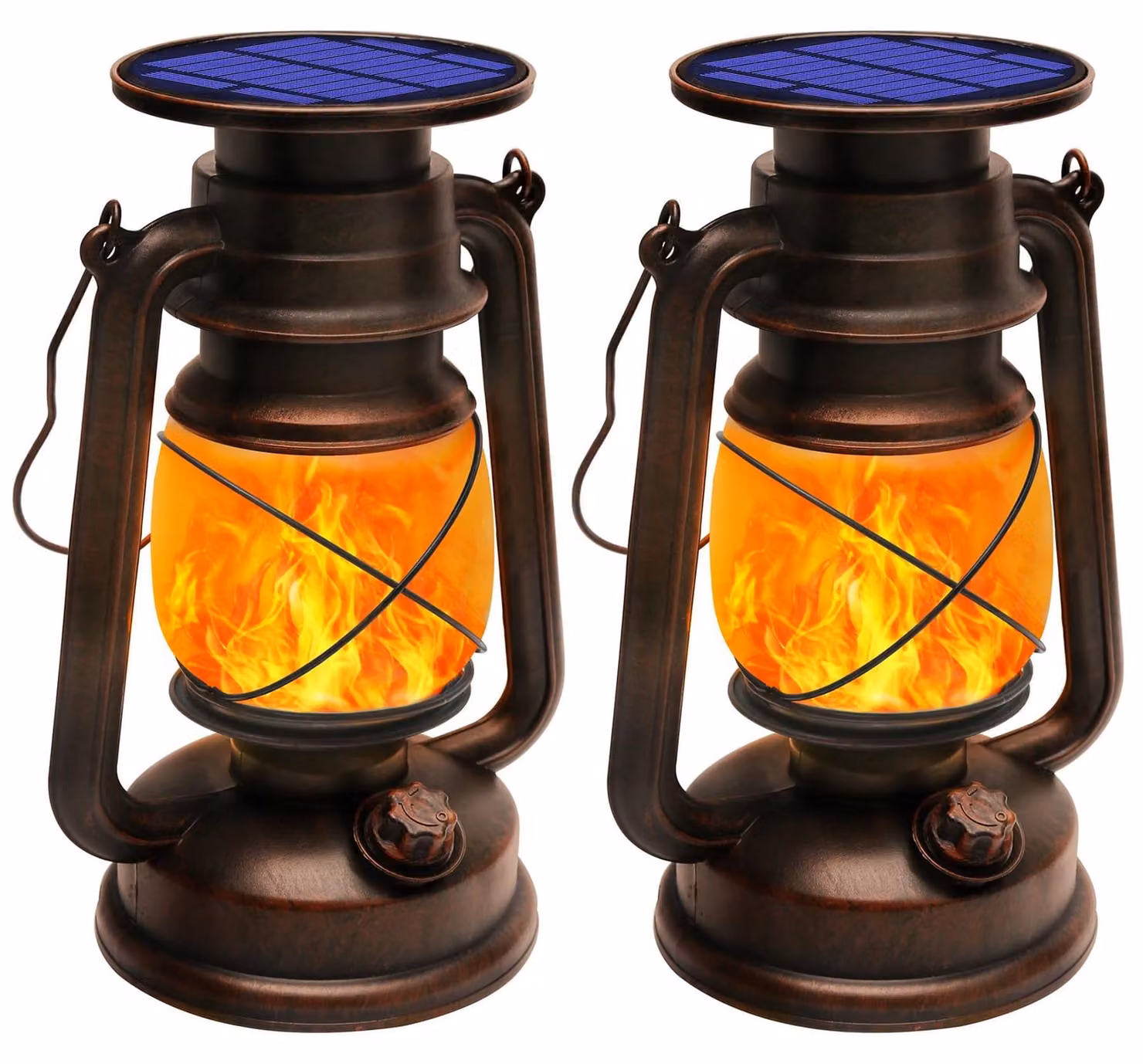 Set di 2 lanterne solari, stile vintage, con effetto fiamma, grado di protezione IP44
