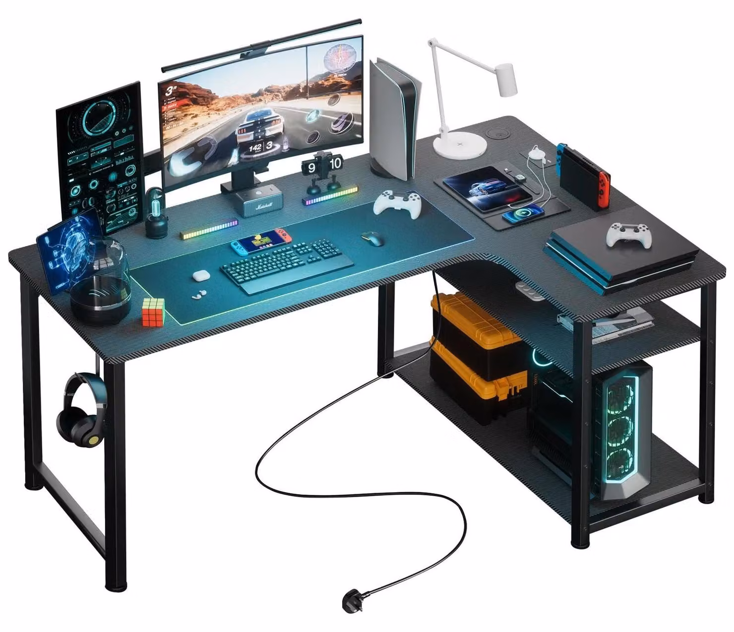 Scrivania da gaming - Scrivania angolare a L - Con ripiano - Porta di ricarica USB e presa di corrente - Resistente ai graffi - Piedini regolabili - Grigio chiaro