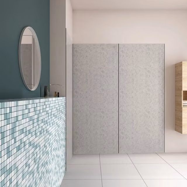 H.210 cm Pannello Doccia ad Angolo 100x120x120 cm Realizzato in Alluminio da 3 mm con Profili Finitura Grigio Cemento per Rivestimento Parete Bagno