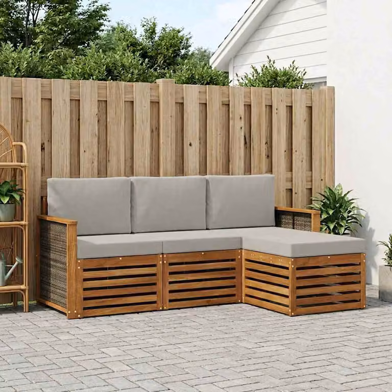 Set di divani da esterno vidaXL a forma di L in legno di acacia con pouf e cuscini, Beige e Grigio