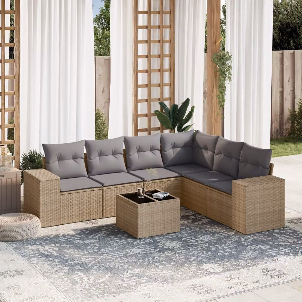 vidaXL Set Divani da Giardino 7 pz a Forma a L in Polyrattan con Cuscini Beige e Tavolino da Esterno – 1