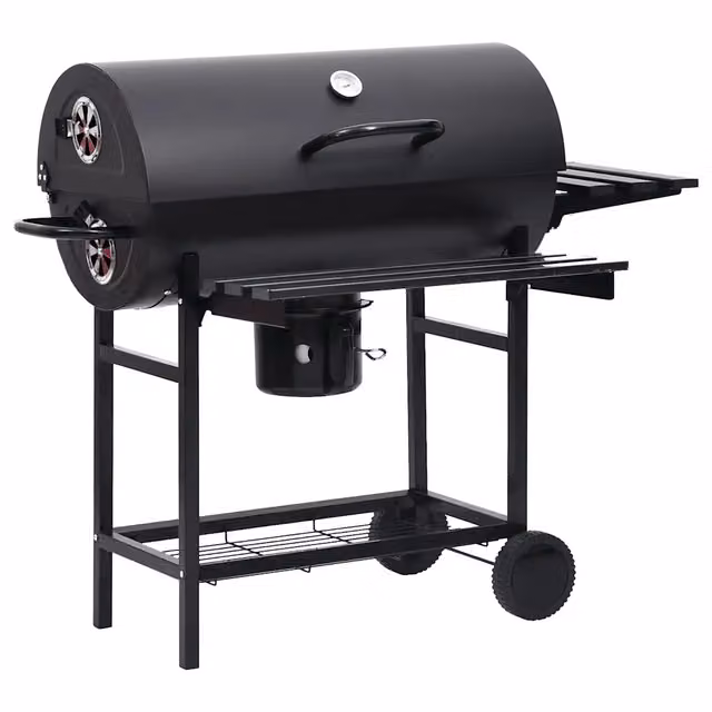 Barbecue a barile vidaxl in acciaio nero con ruote e ripiani, L 115 x P 85 x H 95 cm