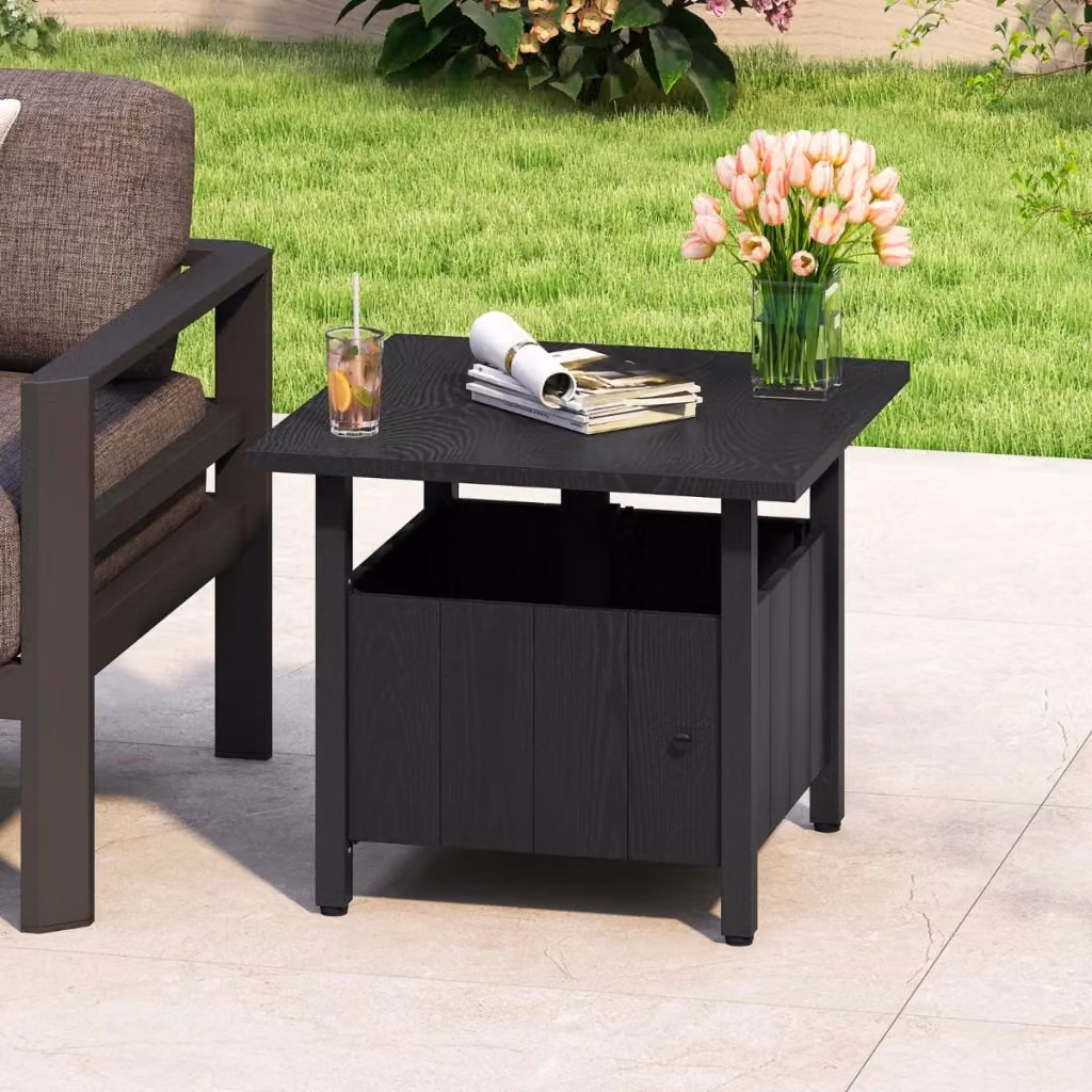 Tavolino da esterno quadrato nero con foro per ombrellone da 48 cm e base in acciaio verniciato a polvere – 2
