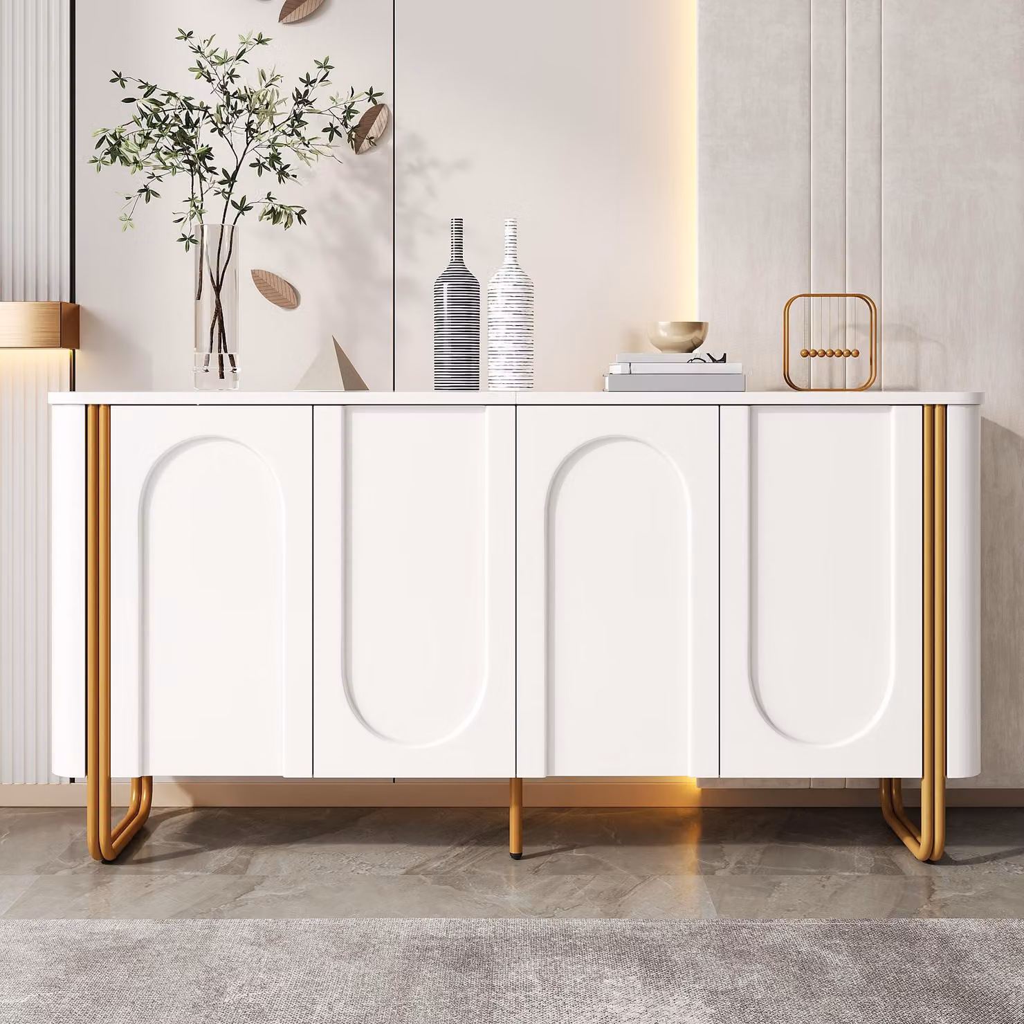 Mobile contenitore laterale Merax con rilievo a motivi decorativi, credenza con 4 ante a spinta e sistema di apertura a pressione, spazio di stoccaggio a più livelli, mobile per soggiorno con gambe in ferro, MDF, bianco
