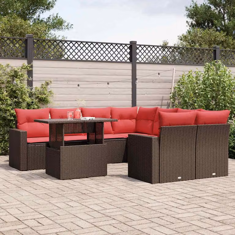 Maison Exclusive - Set divano da giardino 9 pezzi con cuscini, marrone, polyrattan
