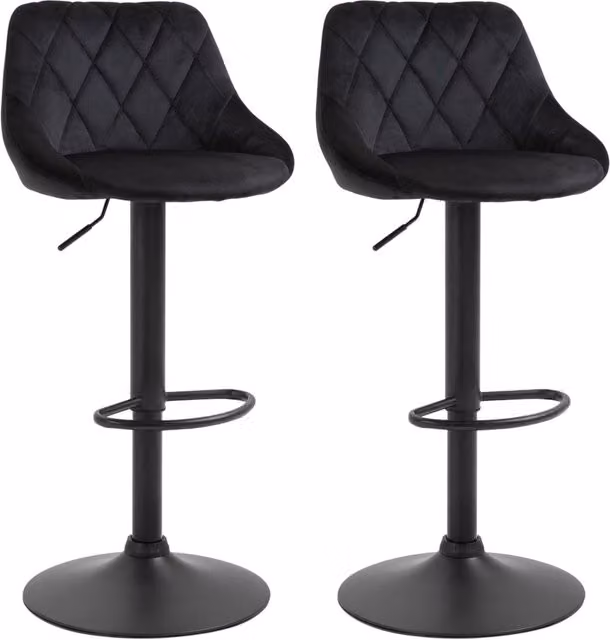 Set di 2 sgabelli da bar regolabili in altezza, struttura in metallo con rivestimento in velluto nero, 46x48x83-104 cm