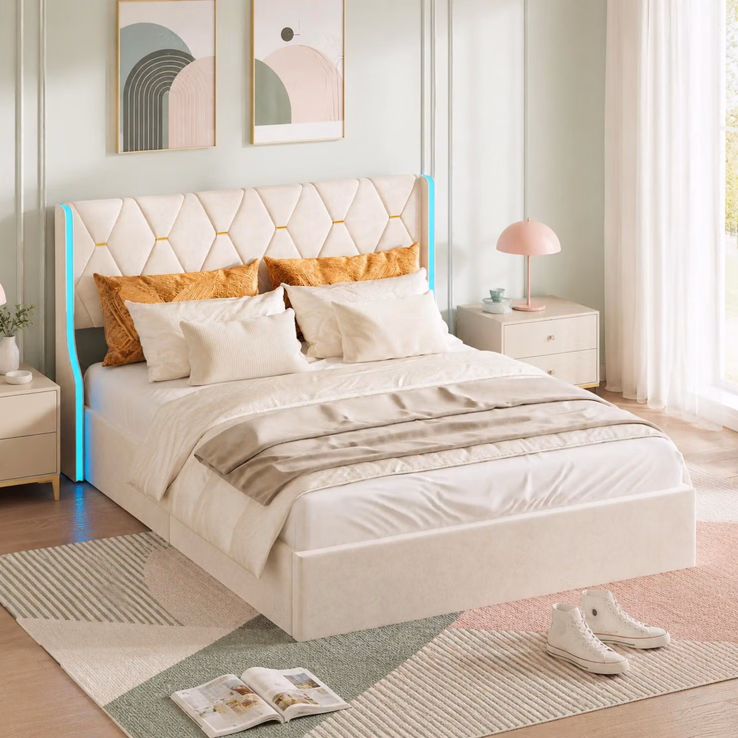 Letto matrimoniale con boxspring 160x200 cm, dotato di illuminazione LED, con meccanismo a sollevamento idraulico per lo spazio contenitivo, imbottito con cassettone, ideale per giovani, con rete a doghe, rivestito in velluto color beige