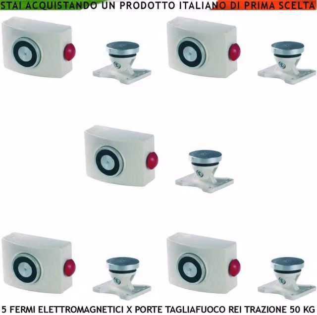 Set di 5 bloccaporta magnetici Securvera bianchi per porte tagliafuoco REI con forza di trazione 50 kg e alimentazione 22/28 VCC