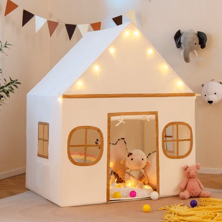Tenda da gioco per bambini Costway con finestre, porta e luci a stella, colore marrone e bianco, L: 143 cm, P: 120 cm, H: 101 cm