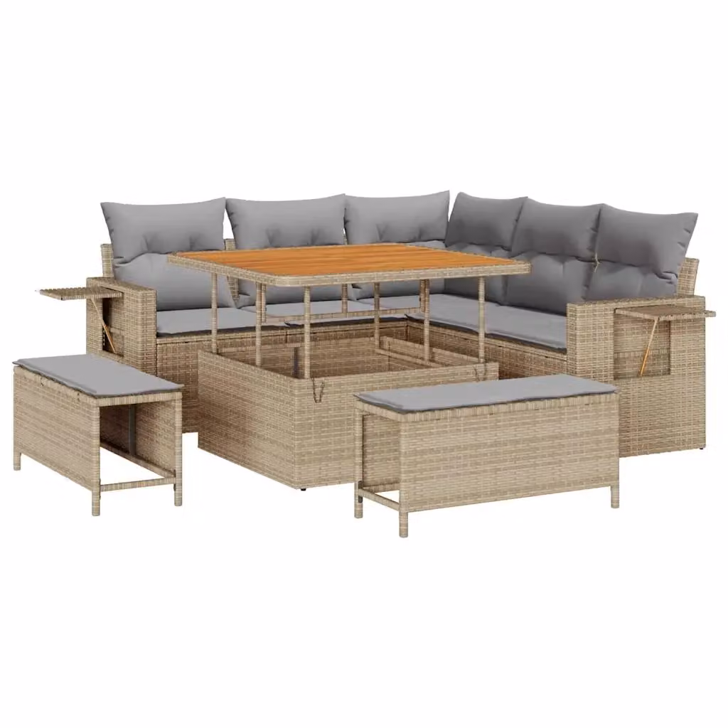 Set Divano da Giardino Moderno vidaXL a Forma di L con 9 Pezzi, Colore Grigio e Beige, Struttura in Acciaio Verniciato a Polvere e Cuscini Inclusi – 2