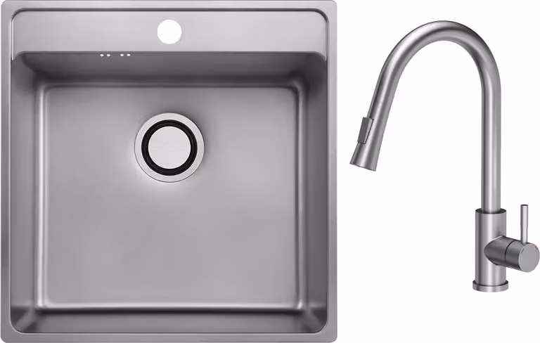 VBChome Lavello in acciaio inox con rubinetteria 49x48x21 cm Inox struttura ruvida Lavello da incasso con foro per rubinetto Vasca grande Sifone Rubinetteria inox con scarico estraibile