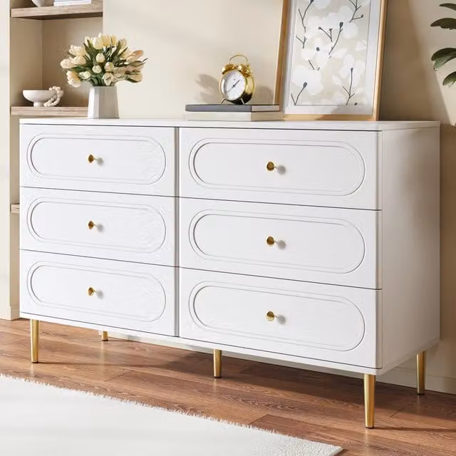 Credenza moderna bianca con 6 cassetti e piedini in metallo, L 120.0 cm x P 40.0 cm x H 75.0 cm