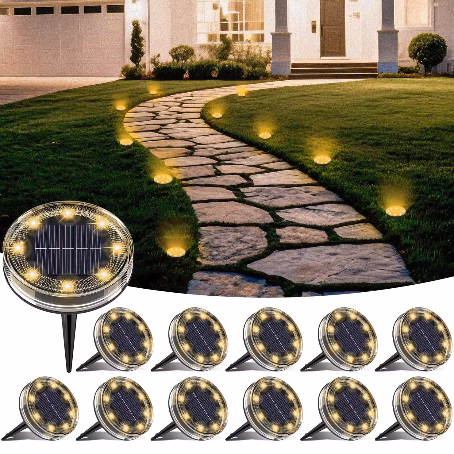 12 lampade solari per il giardino, con 8 LED, grado di protezione IP68 (resistenti all'acqua), luce bianco caldo