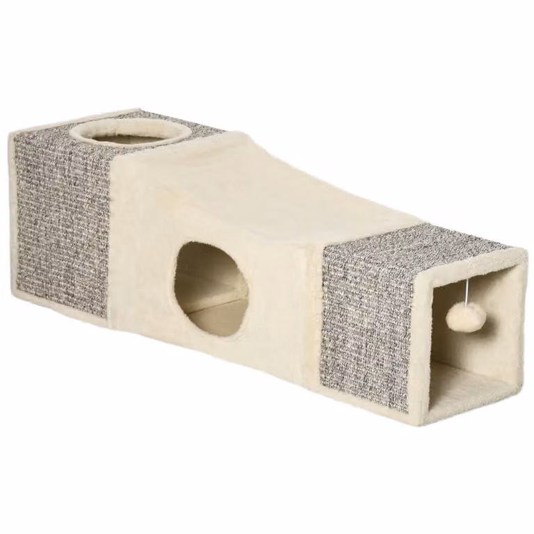 Tunnel per gatti Moonbite, dimensioni 98 x 30 cm, con pallina sospesa, due nicchie per il riposo, combinabile, rivestito in sisal, pronto all'uso senza montaggio, realizzato in compensato, colore marrone