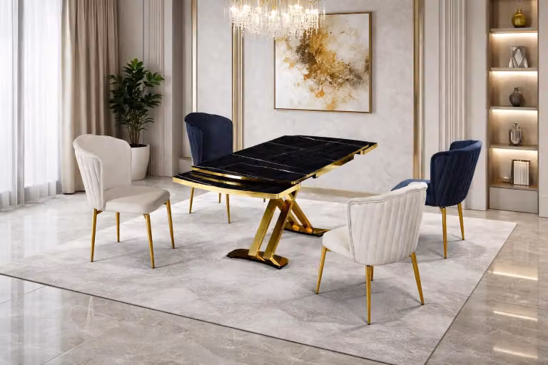Tavolo con 4 sedie, stile moderno, colore nero, nuovo, forma rettangolare