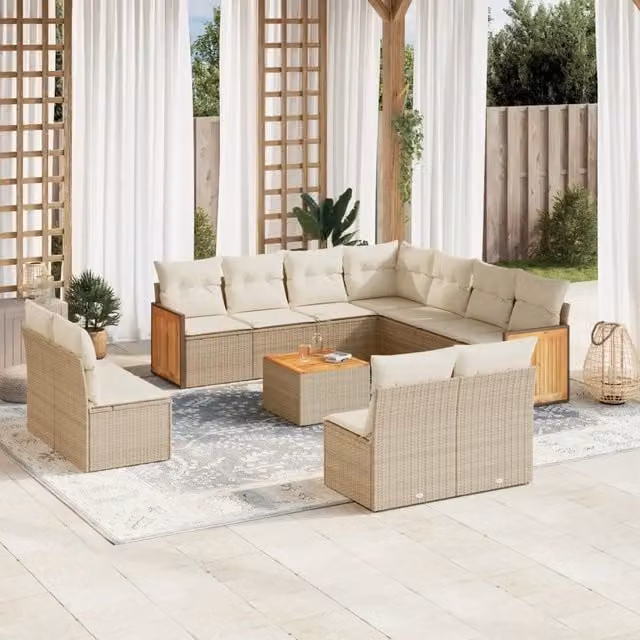 Set di Divani da Giardino vidaXL in Polyrattan con Cuscini Beige e Tavolino, 12 Pezzi – 1