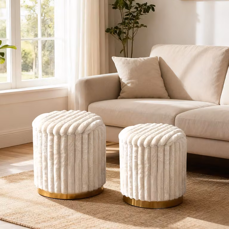 Set di 2 pouf rotondi cilindrici Costway in tessuto morbido beige e bianco per soggiorno