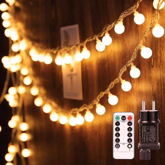 Ghirlanda luminosa con 100 LED, 13 m, illuminazione da esterno, 8 modalità di illuminazione con unità di memoria, adattatore di corrente UE, bianco caldo, illuminazione natalizia ideale per interni, stanze, feste, decorazioni