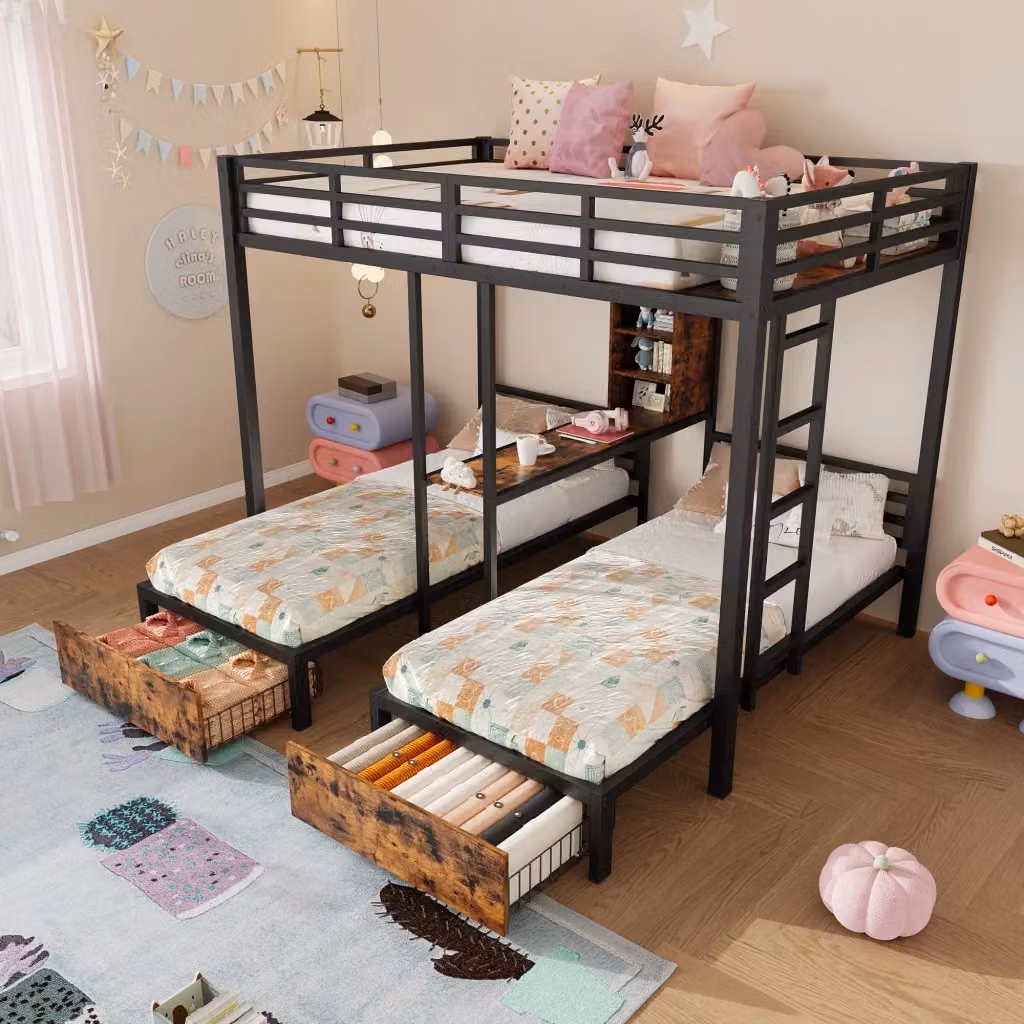 Letto a castello REDOM nero con 2 cassetti per 3 persone, dimensioni L/P/H: 140 x 200 + 90 x 200 cm – 2