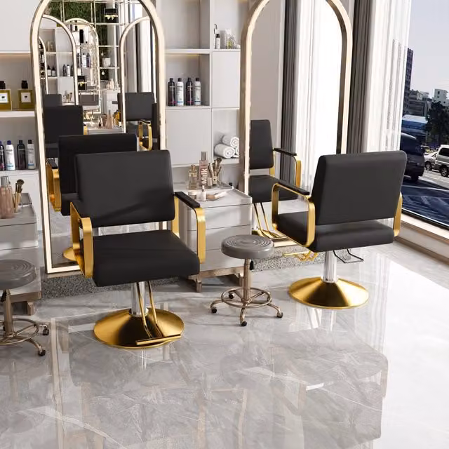 Sedia da salone girevole Minimal in similpelle nera con base oro e struttura regolabile in altezza