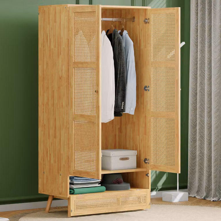 okwish Armadio con asta, armadio a due ante, camera da letto, rete in rattan, soggiorno, con coperchio inferiore incernierato, truciolato + rattan PE, naturale