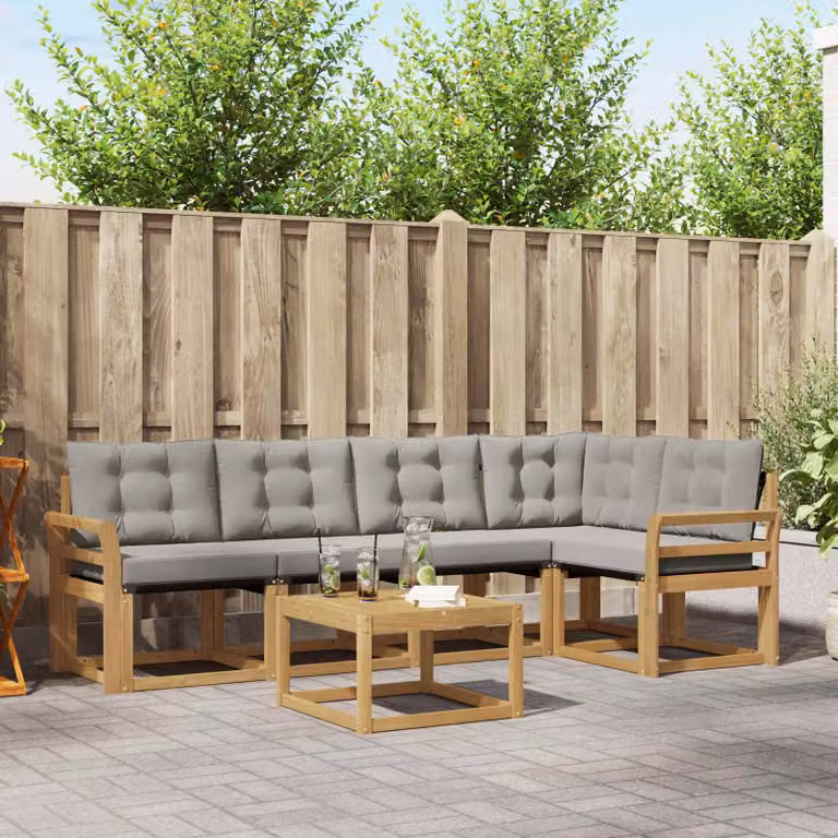 vidaXL Set di divani da esterno a L composto da 6 pezzi con tavolino da caffè, struttura in legno di acacia e sedute in tessuto textilene, colori bianco, grigio e marrone