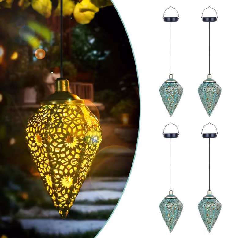Set di 4 lanterne solari da appendere, forma a oliva, con LED, grado di protezione IP65, luce bianco caldo