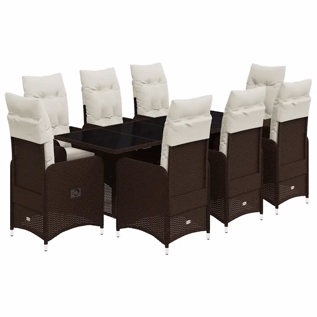 Set Bistrò da Giardino vidaXL in Polyrattan Marrone e Bianco con Cuscini e Tavolo in Vetro, 9 Pezzi – 2