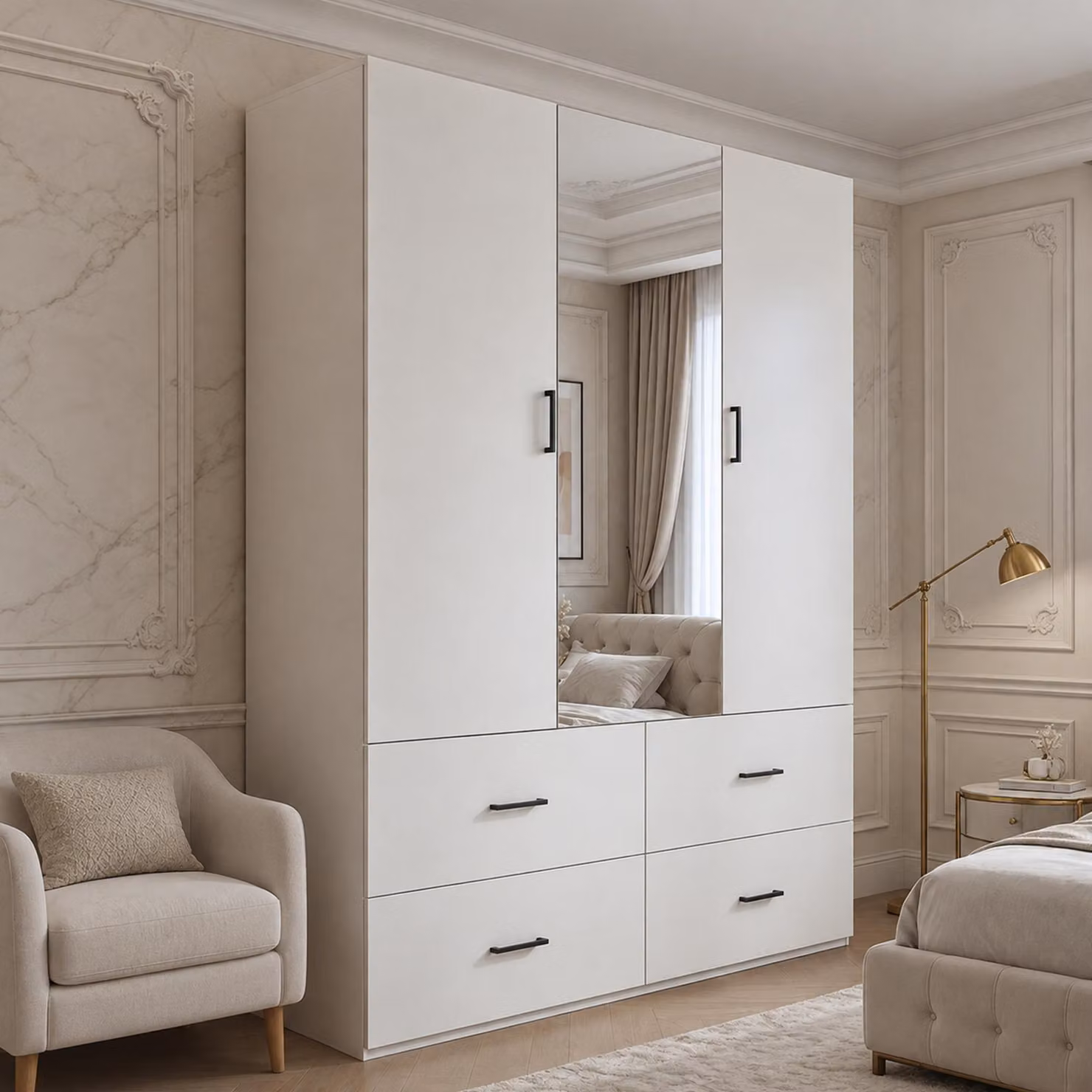 Armadio INONEFT con 4 cassetti e 2 ante, dimensioni 130×51.8×181.5 cm. Armadio moderno con specchio, ideale per la camera da letto, con ante a battente, colore bianco