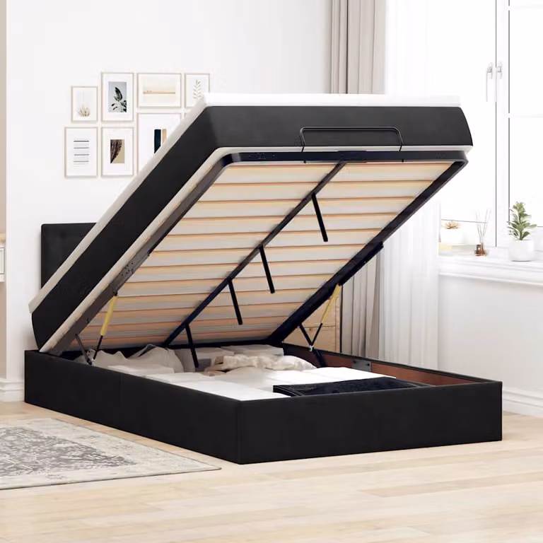 vidaXL Struttura Letto con Materasso e Contenitore a Sollevamento in Velluto Nero L: 200 cm, P: 120 cm, H: 88 cm