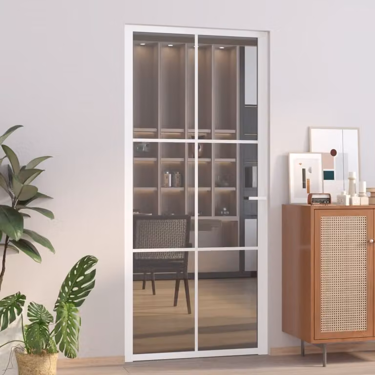 Porta interna The Living Store 93x201,5 cm vetro temperato di sicurezza bianco e alluminio