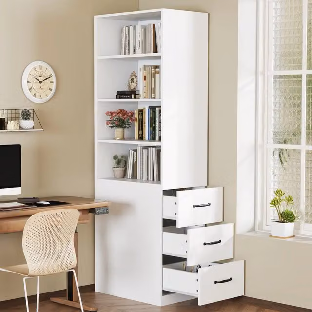 Libreria Alta con Cassetti e Ripiani Regolabili ¨C MINIMAL ¨C Legno, Slim, Soggiorno