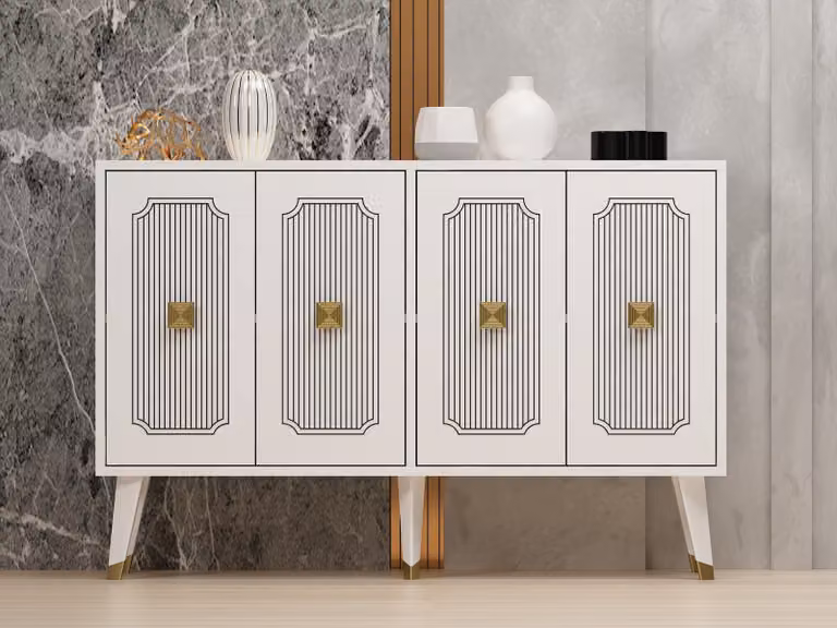 Skye Decor, Derasi - Bianco, Oro, Consolle, Bianco, 100% PANNELLI DI PARTICELLE RIVESTITI IN MELAMMINA, 120 x 30 x 80 cm
