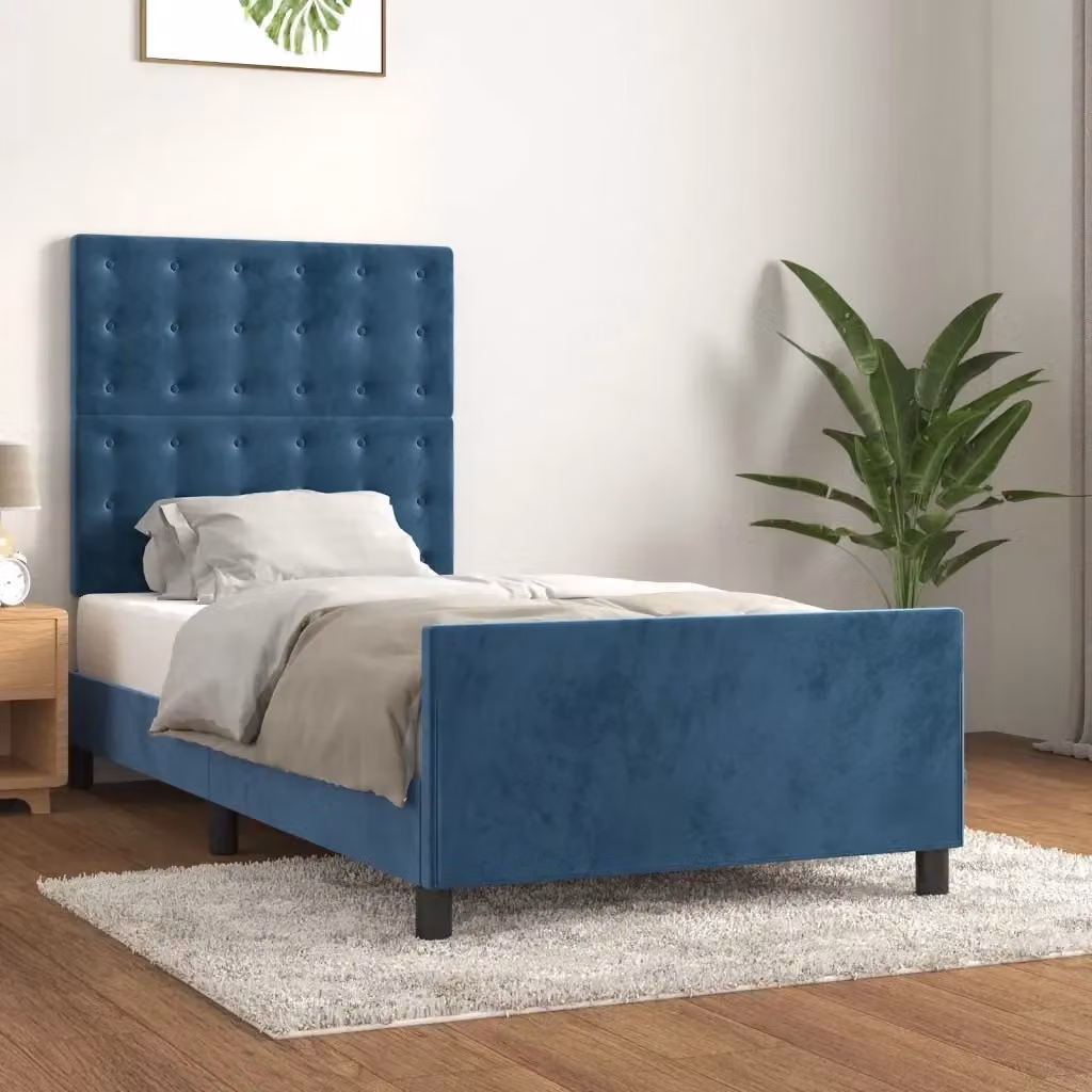 Letto singolo per adulti in velluto blu con struttura in legno di larice e doghe fisse L/P/H: 190 x 90 x 128 cm – 2